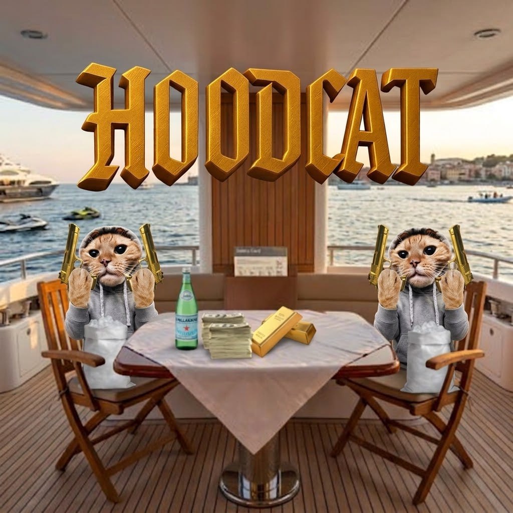 Two cats at a table on a yacht deck under a giant gold HOODCAT sign